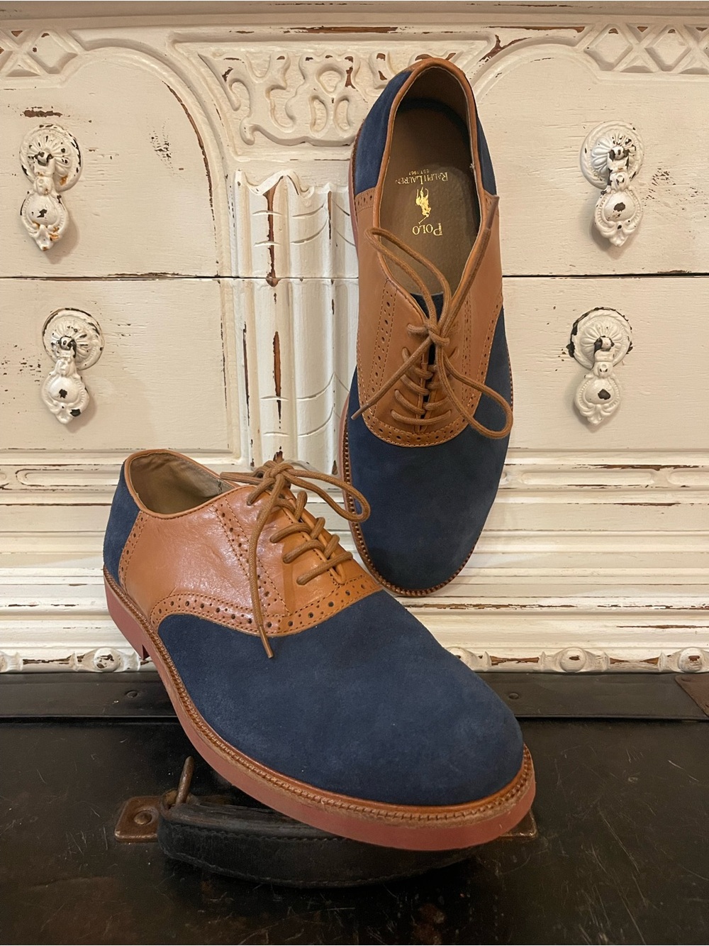 Polo by Ralph Lauren Navy Suede and Tan Leather Saddle Oxfords